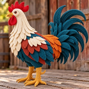 May include: A handcrafted crochet cockerel featuring a cream-coloured neck, a bright red comb and wattle, and a yellow beak. The body displays layered feathers in shades of deep teal, burnt orange, and cream, with long, curved teal tail feathers.
