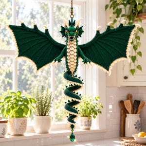 Emerald Dragon Crochet Wind Spinner Pattern PDF, Amigurumi Spiral Hanging Ornament, Fantasy Garden Decor, Crochet Gift Instant Download
