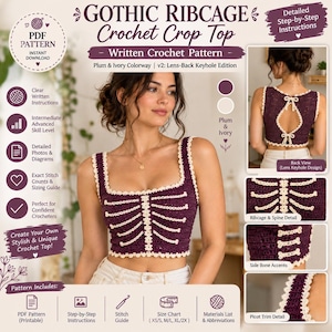May include: A PDF crochet pattern for a crop top featuring a plum and ivory ribcage design. The pattern includes written instructions, diagrams, and a sizing guide for a sleeveless top with a square neckline and a lens-back keyhole detail.