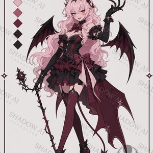 May include: An anime-style character with long wavy pink hair, pointed ears, and dark bat-like wings. The character wears a black and dark red ruffled dress, black gloves, and high-heeled boots, while holding a dark, thorny staff with a gem.