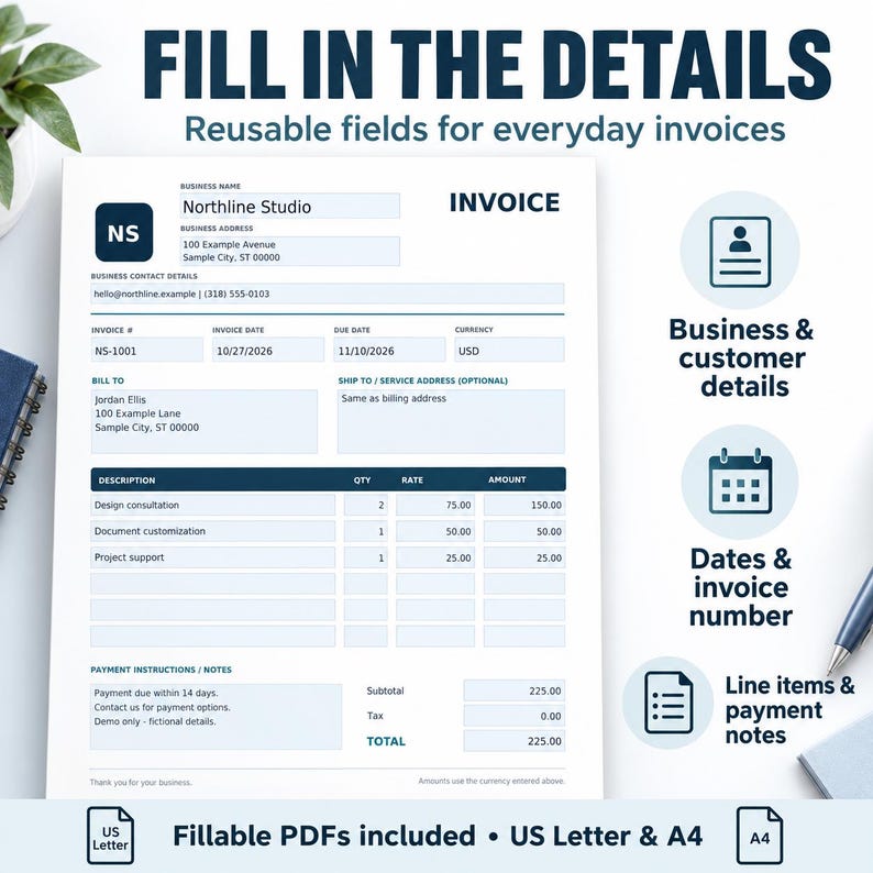 Editable Invoice Template: Browser Editor + Fillable Printable Pdfs (US ...