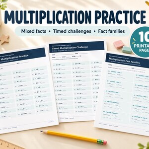 May include: Three white printable multiplication practice sheets with dark blue headers. The pages feature maths problems for mixed facts, timed challenges, and fact families. A teal circular badge indicates 10 printable pages are included.
