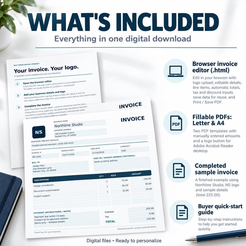 Editable Invoice Template: Browser Editor + Fillable Printable Pdfs (US ...