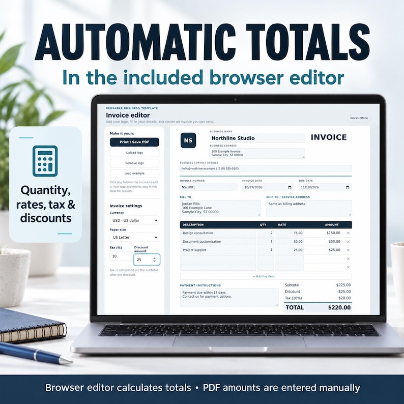 Editable Invoice Template: Browser Editor + Fillable Printable Pdfs (US ...