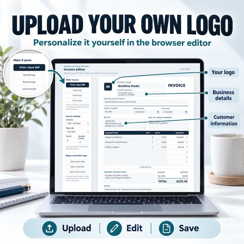 Editable Invoice Template: Browser Editor + Fillable Printable Pdfs (US ...