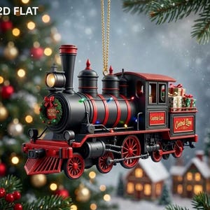 May include: A black and red steam locomotive Christmas ornament featuring a gold chain, a wreath on the front, and gift boxes on the back. The side of the train displays the text Central-Line in gold lettering. It is suspended by a gold chain.