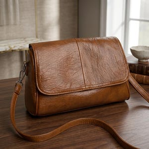 May include: A medium-sized, rectangular brown shoulder bag with a textured, crinkled surface finish. The bag features a large front flap that covers the main compartment, a vertical seam down the center, and a thin, adjustable matching brown strap.
