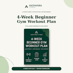 May include: A dark green rectangular workout guide titled 4-Week Beginner Gym Workout Plan by Ascenvora Fitness. It features icons for a dumbbell, clipboard, and growth chart, with text indicating 3 workouts per week and 12 logs.