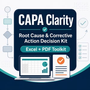 May include: A digital toolkit titled CAPA Clarity Root Cause & Corrective Action Decision Kit. The graphic features a laptop displaying a spreadsheet and a document with a checkmark icon, set against a dark blue background with flowcharts.