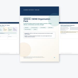 May include: A 34-page SENCO / SEND Organisation Pack for England, featuring a dark blue header, white background, and light circular accents. The document includes sections for Assess-Plan-Do-Review, EHCP Annual Review Preparation, and various tracking worksheets for educational support staff.