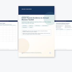 May include: A 27-page EHCP Parent Evidence & Annual Review Toolkit document in English, featuring a dark blue header, a central cover page with text, and two side pages showing a Provision Tracker and Annual Review Meeting Preparation grid.