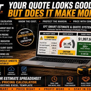 Peut inclure: Un ordinateur portable affichant le logiciel EFT Smart Estimate & Quote System, avec un tableau de bord montrant les marges et les coûts. À côté se trouvent une tasse noire, un mètre ruban et un carnet de notes avec du texte imprimé.