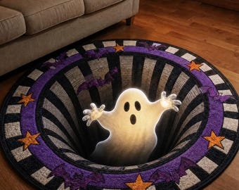 Halloween Pumpkin 3D Illusion Rug, 3D Halloween Vortex Rug, Spooky Gothic Floor Decor, Pumpkin Skeleton Illusion, Halloween Gift,Home Decor