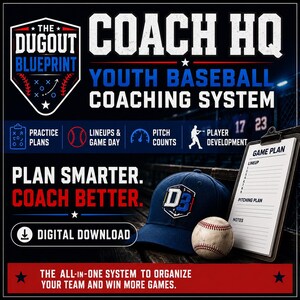 May include: A digital download for The Dugout Blueprint Coach HQ youth baseball coaching system. The graphic features a navy blue baseball cap, a white baseball, and a clipboard with a game plan template on a dark background with white text.