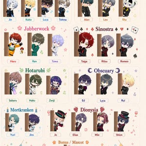 May include: A collection of chibi-style character illustrations organized into groups labeled Frostheim, Vagastrom, Jabberwock, Sinostra, Hotarubi, Obscuary, Mortkranken, and Dionysia, with a Bonus Mascot section featuring a white rabbit named Peekaboo.