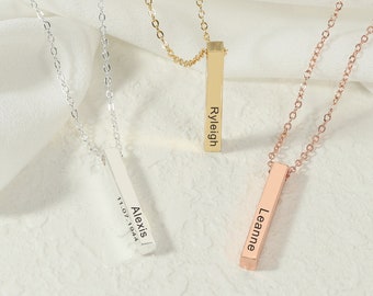 Personalised 3D Vertical Bar Necklace,Custom Name Bar Necklace,Engraved date Necklace,Family name Necklace,Personalized Gift,Birthday Gift