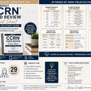 May include: A 29-page Adult CCRN Rapid Review cheat sheet study guide for critical care nursing. The document features tables on hemodynamics, dysrhythmias, acid-base interpretation, vasoactive medications, mechanical ventilation, and sepsis key points.