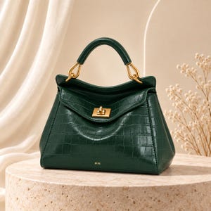 Peut inclure: Un sac à main vert foncé avec une texture gaufrée façon crocodile, doté d'une poignée supérieure structurée, de finitions dorées et d'un fermoir rotatif central. Le texte JW PEI est imprimé en doré sur le bas de la face avant.