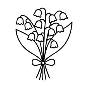 Pode incluir: Uma ilustração de arte linear em preto e branco de um buquê de lírios do vale. O desenho apresenta várias flores em forma de sino penduradas em caules finos, acompanhadas por duas folhas grandes e pontiagudas, atadas com um laço.
