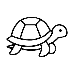 May include: A black and white line art illustration of a turtle shown in profile. The turtle features a rounded shell with segmented geometric patterns, a simple head with a single dot for an eye, and four flipper-like limbs extending from the body.