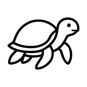 May include: A black and white line art illustration of a turtle. The design features a simple, bold outline of a turtle in profile, facing right, with a rounded shell, four flippers, and a small head with a single dot for an eye and a curved line for a mouth.
