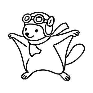 Puede incluir: Una ilustración de arte lineal en blanco y negro de una ardilla voladora que lleva un gorro de aviador con gafas y una bufanda. La ardilla aparece en una pose de planeo con los brazos extendidos, mostrando la membrana patagial entre sus extremidades.