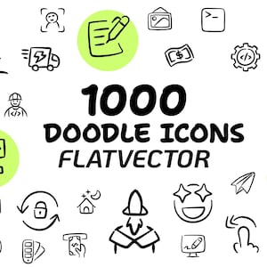 Puede incluir: Una colección de iconos de garabatos en línea negra que presentan varios símbolos como una varita mágica, un camión, una casa y elementos de código informático. El texto 1000 DOODLE ICONS FLATVECTOR está centrado en negro, con tres círculos verde claro.