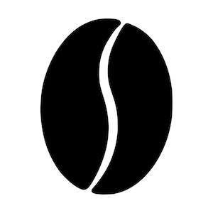 May include: A solid black graphic icon of a single coffee bean. The shape is oval with a distinct, curved vertical cleft running through the centre, creating two symmetrical halves. The design is flat, minimalist, and high-contrast against the background.
