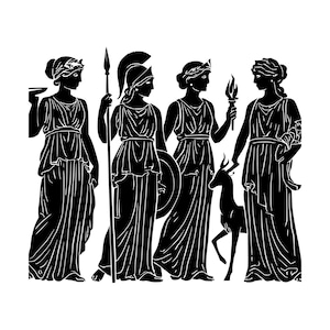Peut inclure: Un graphique en silhouette noire représentant quatre personnages vêtus de robes drapées classiques. L'un tient une lance et un bouclier, un autre une torche près d'un petit cerf, tandis que les autres portent un bol et se tiennent debout.