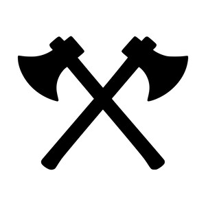 May include: A solid black graphic icon featuring two axes positioned in a crossed formation. The design displays two identical axe heads with curved blades and straight handles, creating a symmetrical silhouette against a plain white background.