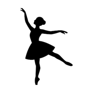 May include: A solid black silhouette of a ballet dancer in a pose with one arm raised high and the other extended to the side. The figure wears a short, flared skirt and is balanced on one foot, with the other leg extended outward.