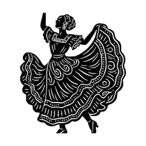 Op de afbeelding: Een zwart-witte grafische illustratie van een dansend figuur in een lange, zwierige jurk met ruches aan de mouwen en een wijde, geplooide rok. Het figuur staat in een dynamische pose met één arm omhoog en de rok wijd uitgespreid, met gedetailleerde wervelende patronen en lineaire accenten in het ontwerp van de stof.