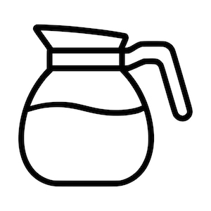 Puede incluir: Un icono de arte lineal en blanco y negro de una jarra de café. El diseño presenta un recipiente de vidrio redondeado con una tapa plana, un asa lateral resistente y una línea horizontal en el medio que representa el nivel de líquido.