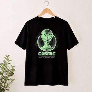 Cosmic Alien Head T Shirt, Neon Green Space Graphic Tee, Whimsical Alien Silhouette Apparel, Retro Minimalist Sci Fi Character Gift