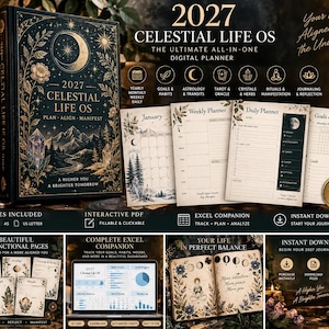 Puede incluir: Un planificador digital 2027 Celestial Life OS con una cubierta oscura, ilustraciones celestiales doradas, paisajes montañosos y cristales. Incluye diseños de página para seguimiento diario, semanal y mensual, establecimiento de metas y un panel de control Excel.