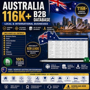 May include: A digital marketing graphic for an Australia 116K+ B2B database featuring a laptop displaying a spreadsheet, the Australian flag, and icons representing various industries like real estate, accounting, and medical services.