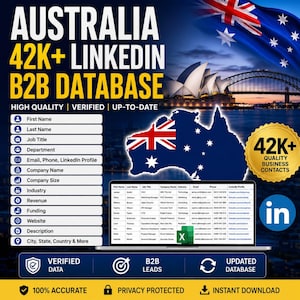 May include: A digital marketing graphic for an Australia 42K+ LinkedIn B2B database. It features the Australian flag, the Sydney Opera House, a list of data fields, a sample spreadsheet, and the LinkedIn logo with text including 100% accurate.
