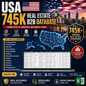 以下が含まれることがあります： USA 745K不動産B2Bデータベースのデジタルマーケティング画像。スプレッドシートを表示したノートパソコン、アメリカ合衆国の光る地図、星条旗、検証済みのビジネスデータや連絡先情報、対象範囲を詳述したテキストが含まれています。