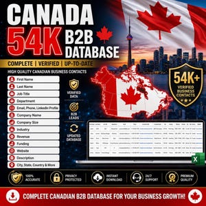 May include: A digital marketing graphic for a Canada 54K B2B database featuring the Canadian flag, a city skyline, and a laptop displaying a spreadsheet. The text includes lists of business contact fields, verified data, and business growth.