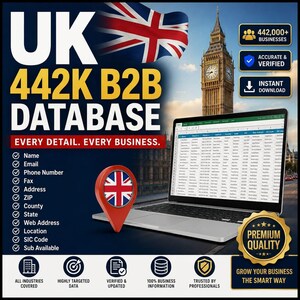 May include: A digital marketing graphic for a UK 442K B2B database featuring a laptop displaying a spreadsheet, a red map pin with a UK flag, and the text: UK 442K B2B DATABASE, EVERY DETAIL. EVERY BUSINESS., 442,000+ BUSINESSES, ACCURATE & VERIFIED, INSTANT DOWNLOAD.
