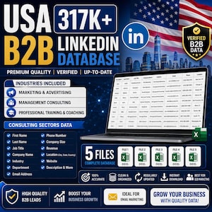 May include: A digital marketing graphic for a USA 317K+ B2B LinkedIn database. It features a laptop displaying a spreadsheet, the American flag, a city skyline, and icons for five Excel files. Text includes 'Verified B2B Data' and 'Industries Included'.