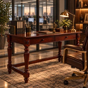 May include: A dark wood executive desk with two drawers, fluted legs, and decorative oval accents. The desk surface holds a gold desk lamp, a black pencil holder, three black binders, a small globe, and a leather-bound notebook.