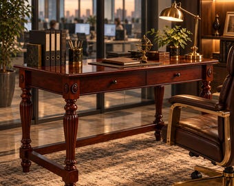 39 or 46 Inch Writing Desk with 2 Drawers Victorian Style Home Office Desk Antique Inspired Wooden Study Table Cherry Walnut