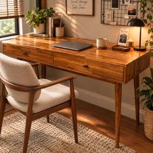 May include: A wooden desk with two drawers and tapered legs, featuring a closed laptop, a ceramic mug, and a small tray on its surface. A matching wooden chair with a light-colored upholstered seat and backrest is positioned in front of the desk.