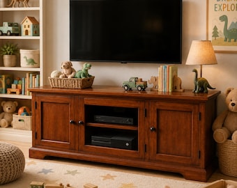 Brown Cherry Wood TV Stand, 50 Inch Media Console with Glass Door, Adjustable Shelves