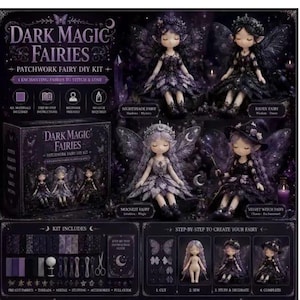 Op de afbeelding: Een Dark Magic Fairies patchwork DIY-kit met vier poppen: Nightshade, Raven, Moonlit en Velvet Witch. De doos toont stofstalen, naaigereedschap en stapsgewijze instructies voor het maken van deze paarse en zwarte poppen.