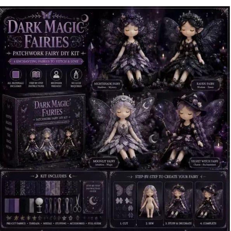 Pu&ograve; includere: Un kit fai-da-te patchwork Dark Magic Fairies con quattro bambole fatate: Nightshade, Raven, Moonlit e Velvet Witch. La scatola mostra campioni di tessuto, strumenti da cucito e istruzioni passo dopo passo per creare queste bambole viola e nere.