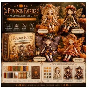Pu&ograve; includere: Un kit fai-da-te per fate in patchwork Pumpkin Fairies con quattro bambole fata in abiti autunnali, ali e accessori a forma di zucca. Il kit include tessuti pretagliati, fili, aghi, imbottitura e una guida alle istruzioni passo dopo passo.