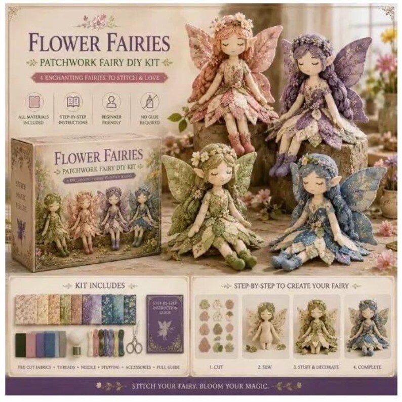 Pu&ograve; includere: Un kit fai-da-te per fate in patchwork Flower Fairies con quattro bambole fata finite in rosa, viola, verde e blu. Il kit include tessuti pretagliati, fili, aghi, imbottitura, accessori e una guida alle istruzioni passo dopo passo.