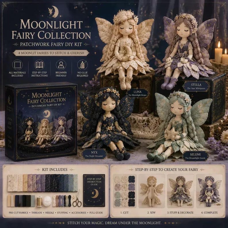 Pu&ograve; includere: Un kit fai-da-te Moonlight Fairy Collection con quattro bambole in tessuto chiamate Luna, Stella, Nyx e Selene. Il set include tessuti pretagliati, fili, un ago, imbottitura, accessori e una guida passo-passo per la creazione.